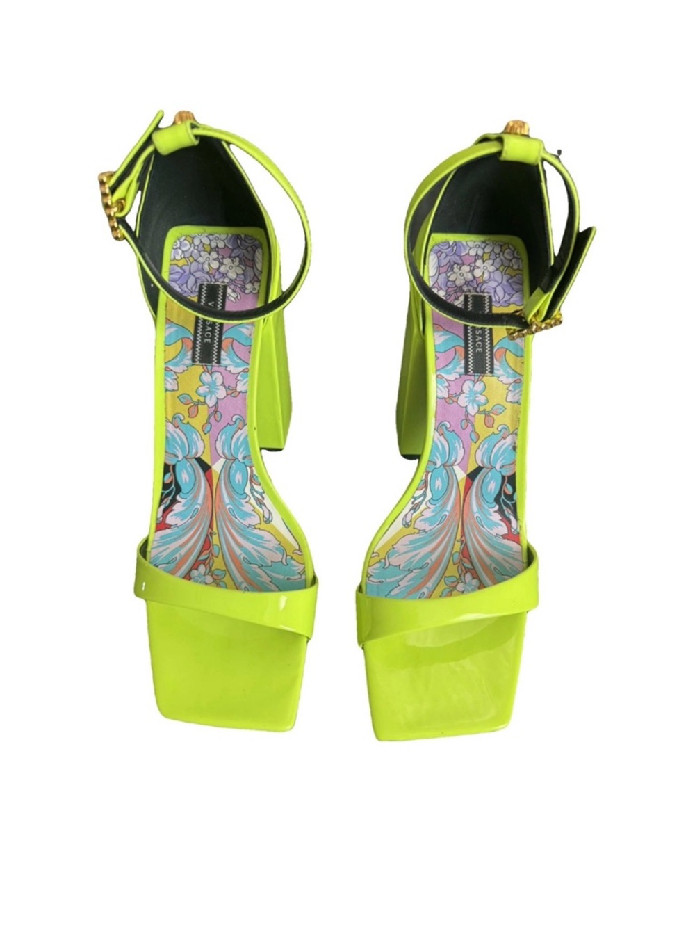 Versace Neon Lime Patent Ankle-Strap Block Heels